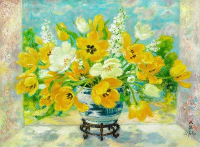 Bức "Hoa tulip vàng" của Lê Phổ có mức giá ước đoán từ 260.000 - 320.000 đô la Hồng Kông (760 triệu đồng - 935 triệu đồng). Bức tranh sơn dầu có kích thước 54 x 73 cm. Bức "Hoa tulip vàng" của Lê Phổ có mức giá ước đoán từ 260.000 - 320.000 đô la Hồng Kông (760 triệu đồng - 935 triệu đồng). Bức tranh sơn dầu có kích thước 54 x 73 cm.