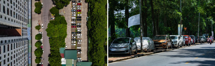 Các bãi đỗ xe ở khu chung cư Linh Đàm (quận Hoàng Mai) chật kín chỗ. Vỉa hè cũng được tận dụng làm nơi xếp ôtô dài ngày.