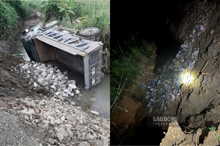 Hiện trường nơi xảy ra vụ lật xe dẫn đến việc rò rỉ dầu ra suối