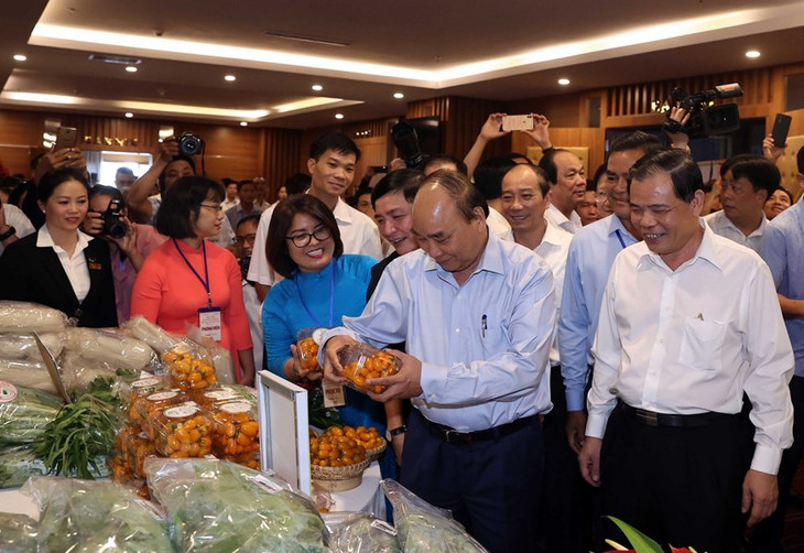 Thủ tướng và các đại biểu thăm gian hàng nông sản sạch của nông dân