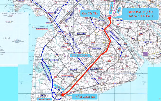Hướng tuyến cao tốc Cần Thơ - Cà Mau (đường đỏ) Hướng tuyến cao tốc Cần Thơ - Cà Mau (đường đỏ)