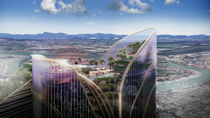 Phối cảnh phần mái công trình với bể bơi và vườn trên cao Phối cảnh phần mái công trình với bể bơi và vườn trên cao