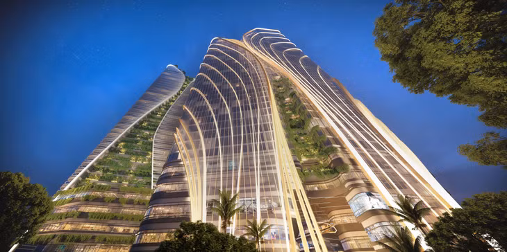 Phối cảnh tổng thể bên ngoài công trình với các đường uốn lượn phỏng sinh hình ảnh dòng chảy của các dòng sông