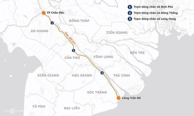 Vị trí 3 trạm dừng nghỉ được đề xuất trên cao tốc Châu Đốc - Cần Thơ - Sóc Trăng