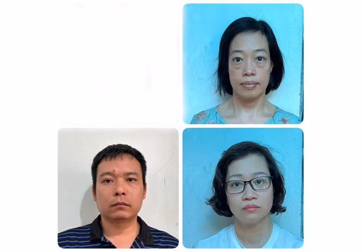 Các bị can (từ trái sang phải, từ trên xuống dưới): Đỗ Thị Hoa; Nguyễn Quý Khái; Bùi Thị Mai Hương.