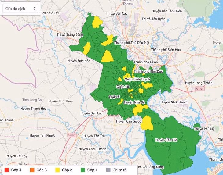 Bản đồ cấp độ dịch tại TP.HCM. Nguồn: Bộ Y tế.