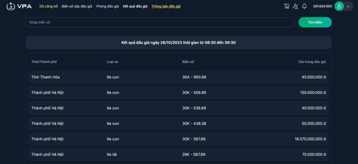 Kết quả đấu giá ngày 28/10/2023 thời gian từ 08:30 đến 09:30