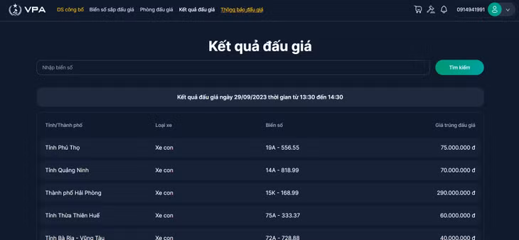 Kết quả đấu giá ngày 29/9/2023 phiên từ 13h30 - 14h30