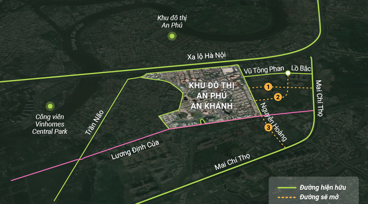 Vị trí ba tuyến đường sẽ mở qua Khu đô thị An Phú - An Khánh