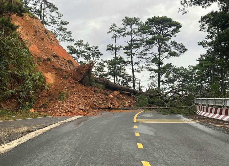 Đường đèo D'ran bị đất đá chắn ngang, xe không thể chạy qua Đường đèo D'ran bị đất đá chắn ngang, xe không thể chạy qua