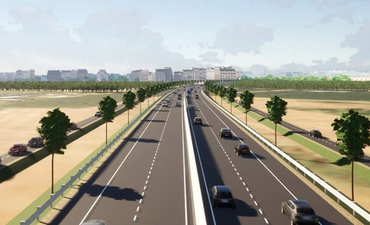 Phối cảnh Vành đai 4 được đầu tư giai đoạn một với 4 làn cao tốc, hai làn dừng khẩn cấp; cùng đường song hành hai bên Phối cảnh Vành đai 4 được đầu tư giai đoạn một với 4 làn cao tốc, hai làn dừng khẩn cấp; cùng đường song hành hai bên