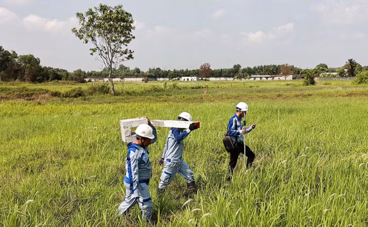 Công nhân triển khai cắm cọc xác định ranh giải phóng mặt bằng làm cao tốc TP.HCM - Mộc Bài