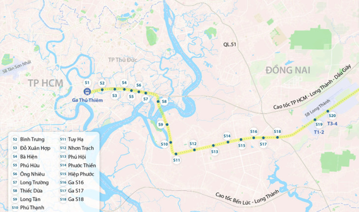 Dự kiến hướng tuyến, vị trí nhà ga đường sắt đô thị Thủ Thiêm - Long Thành Dự kiến hướng tuyến, vị trí nhà ga đường sắt đô thị Thủ Thiêm - Long Thành