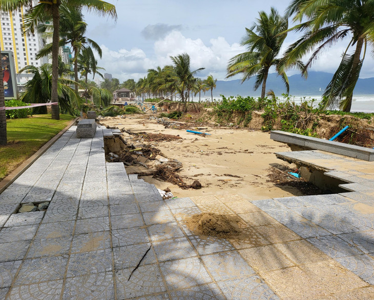 Sạt lở đã kéo theo lượng cát, gạch lát nền và dừa trồng ven đường trôi xuống biển