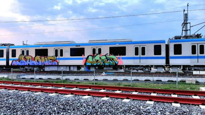 Các toa tàu metro số 1 đang đậu tại depot Long Bình bị vẽ bậy