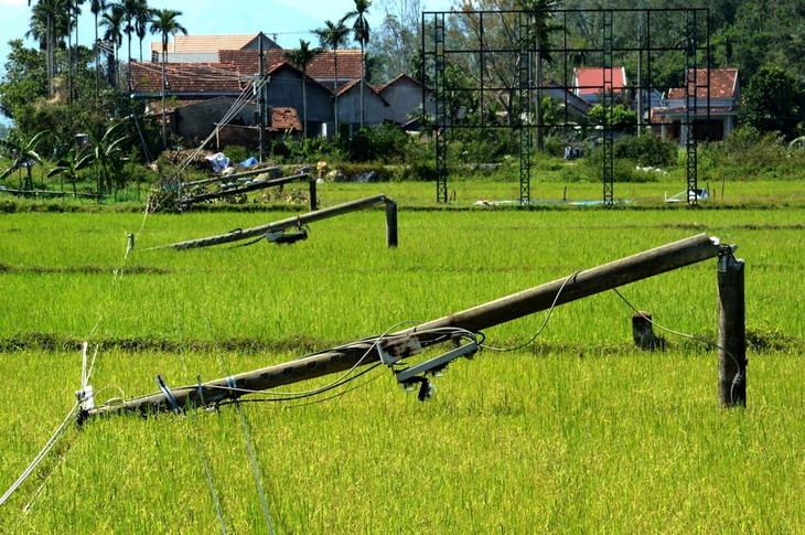 Trụ điện ở xã Tịnh Sơn, huyện Sơn Tịnh, tỉnh Quảng Ngãi đổ la liệt sau bão
