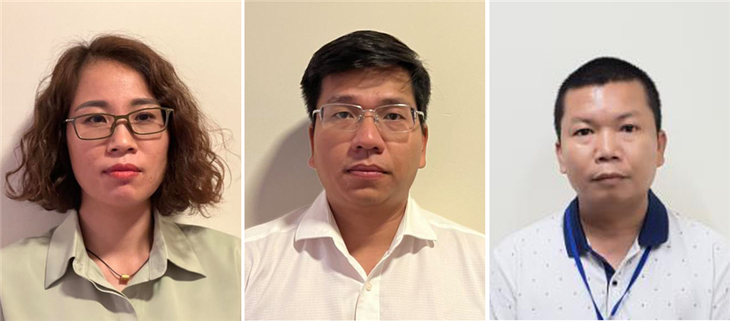 Các bị can từ trái sang phải: Nguyễn Thị Thanh Tâm; Phạm Viết Anh Vũ; Nguyễn Thành Trung.