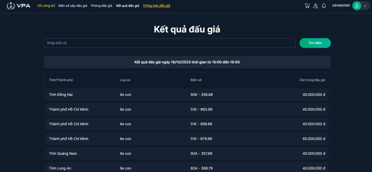 Kết quả đấu giá ngày 19/10/2023 thời gian từ 15:00 đến 16:00