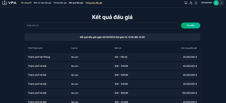 Kết quả đấu giá ngày 20/10/2023 thời gian từ 13:30 đến 14:30