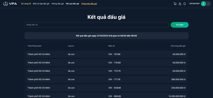 Kết quả đấu giá ngày 21/10/2023 thời gian từ 08:00 đến 09:00