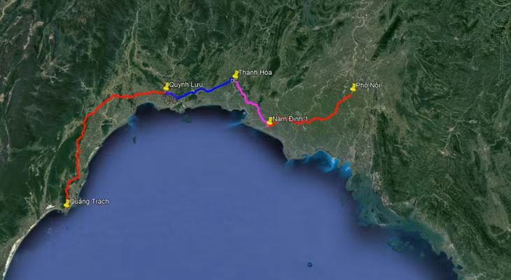 Dự kiến hướng tuyến đường dây 500kV mạch 3 từ Quảng Trạch đến Phố Nối Ảnh: EVNNPT