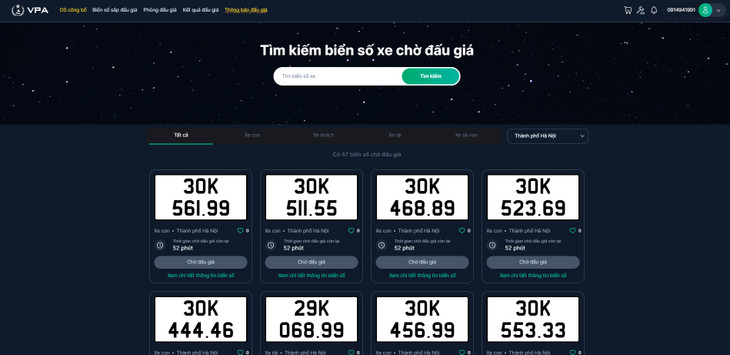 Danh sách biển số chờ đấu giá