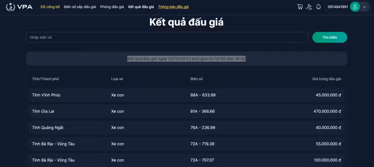 Kết quả đấu giá ngày 25/10/2023 thời gian từ 15:30 đến 16:30