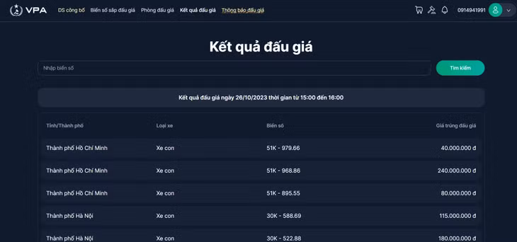 Kết quả đấu giá ngày 26/10/2023 thời gian từ 15h - 16h