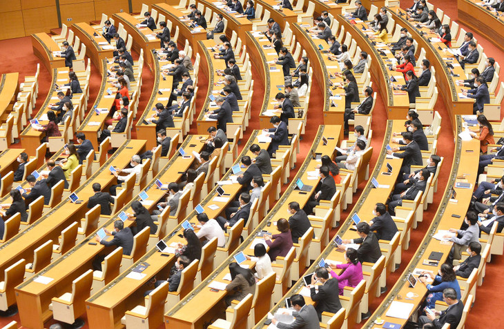 Các đại biểu tham dự phiên họp của Quốc hội tại hội trường Diên Hồng.