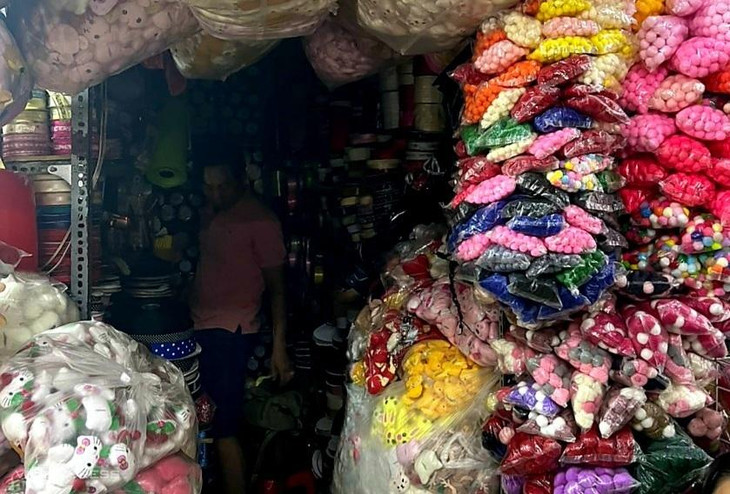 Bên trong sạp của tiểu thương tại chợ Đại Quang Minh tối om vì không có điện