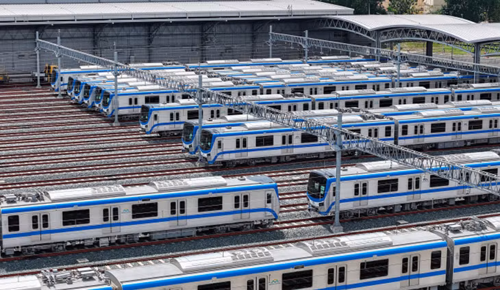 Các đoàn tàu metro số 1 Bến Thành - Suối Tiên đậu tại depot Long Bình, TP Thủ Đức