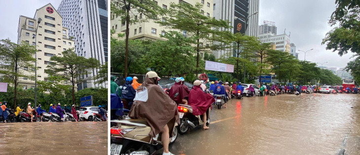 Trên đường Phạm Văn Bạch (đoạn trước Viện Huyết Học), nước ngập sâu khoảng nửa bánh xe, các phương tiện phải nép sát phần đường cao ở bên giải phân cách cứng để di chuyển chậm chạp qua điểm ngập