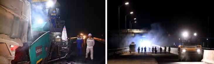 Trên công trường, hàng trăm công nhân chia làm nhiều ca gấp rút thi công các hạng mục như thảm nhựa, sơn vạch kẻ đường, lắp đặt hệ thống biển báo... để kịp tiến độ bàn giao.