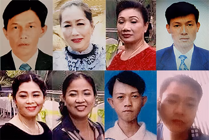 Từ trái qua (hàng trên): Út, Hạnh, Vân, Lộc và Hà, Phấn, Lê, Phước (hàng dưới).