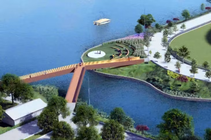 Mô hình cầu đi bộ lót sàn gỗ lim bắc qua sông An Cựu