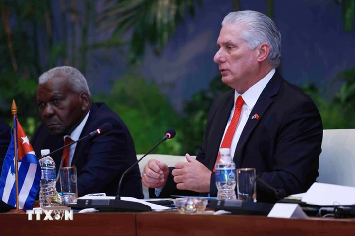 Bí thư thứ nhất Đảng Cộng sản Cuba, Chủ tịch Cuba Miguel Diaz Canel Bermudez phát biểu tại cuộc hội đàm với Tổng Bí thư, Chủ tịch nước Tô Lâm. Ảnh: TTXVN