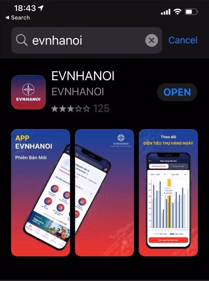 Giao diện App EVNHANOI trên kho ứng dụng