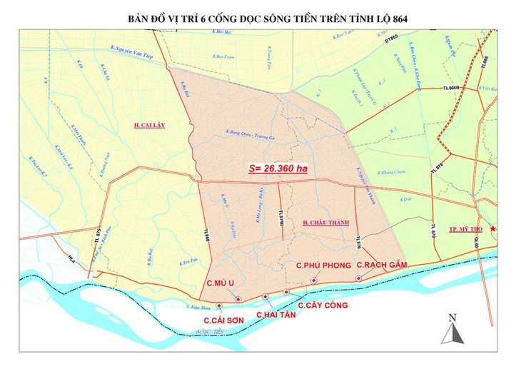 Vị trí 6 cống ngăn mặn dọc sông Tiền trên Tỉnh lộ 864, qua huyện Châu Thành và Cai Lậy (Tiền Giang)