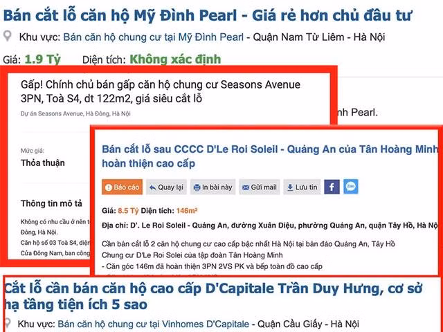 Hàng loạt dự án rao bán cắt lỗ. Ảnh chụp màn hình