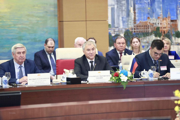 Chủ tịch Duma Quốc gia Quốc hội Liên bang Nga Vyacheslav Viktorovich Volodin phát biểu tại hội đàm. Ảnh: TTXVN