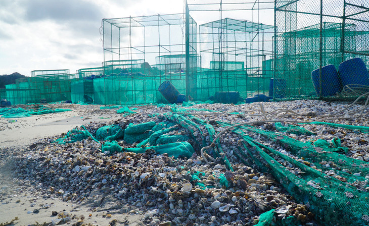 Rác thải từ vệ sinh lồng nuôi tôm hùm ở bãi biển thôn Bình Lập, xã Cam Lập, TP. Cam Ranh