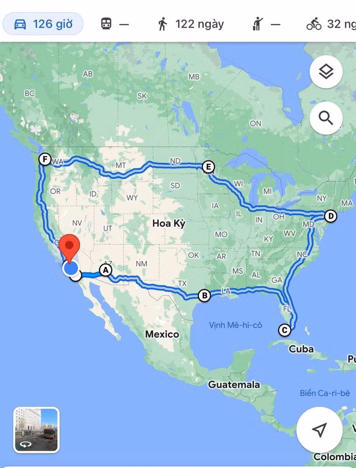 Hành trình vòng quanh nước Mỹ dự kiến của anh Thịnh. Ảnh Facebook nhân vật