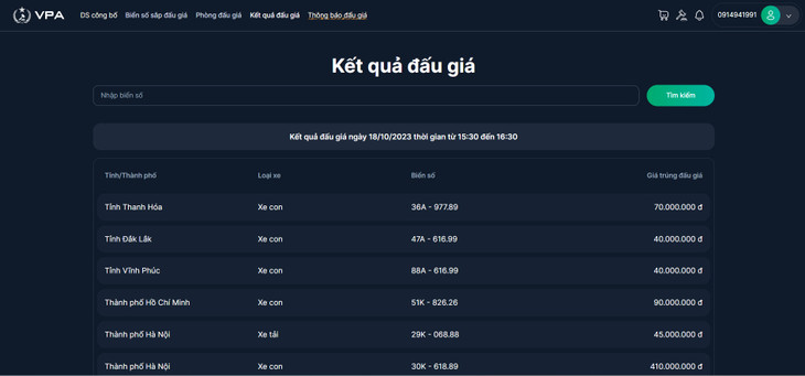 Kết quả đấu giá ngày 18/10/2023 thời gian từ 15:30 đến 16:30