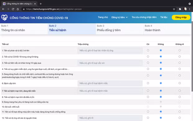 Tại Bước 2, người dùng cũng chọn vào các mục Tiền sử bệnh một cách chính xác. (Ảnh chụp màn hình)