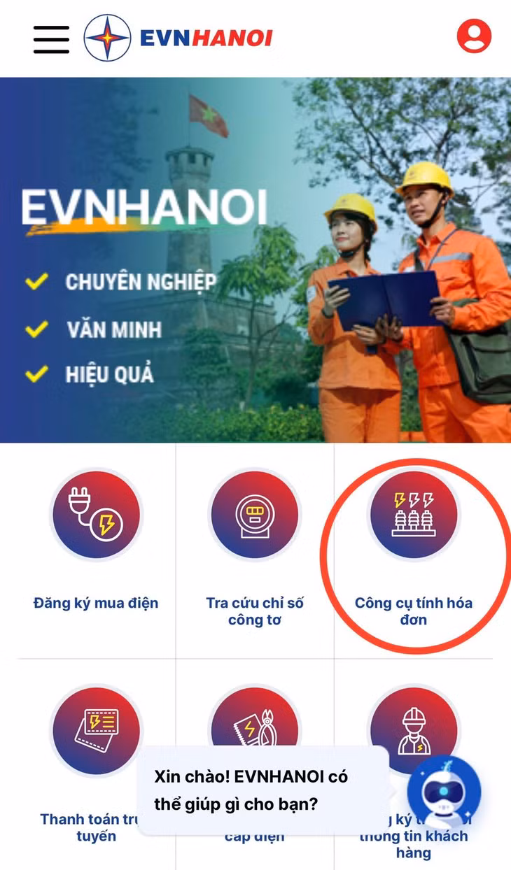 “Công cụ tính hóa đơn tiền điện ” tại Website: evnhanoi.vn trên điện thoại di động “Công cụ tính hóa đơn tiền điện ” tại Website: evnhanoi.vn trên điện thoại di động