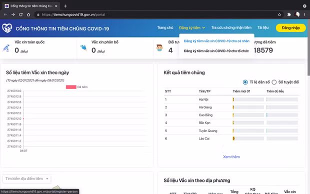 Người dùng sẽ lựa chọn mục Đăng ký tiêm vaccine COVID-19 cho cá nhân ở góc trên bên phải màn hình. (Ảnh chụp màn hình)