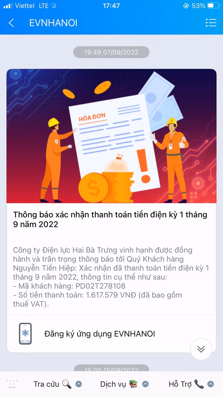 Thông báo xác nhận thanh toán tiền điện qua Zalo OA EVNHANOI