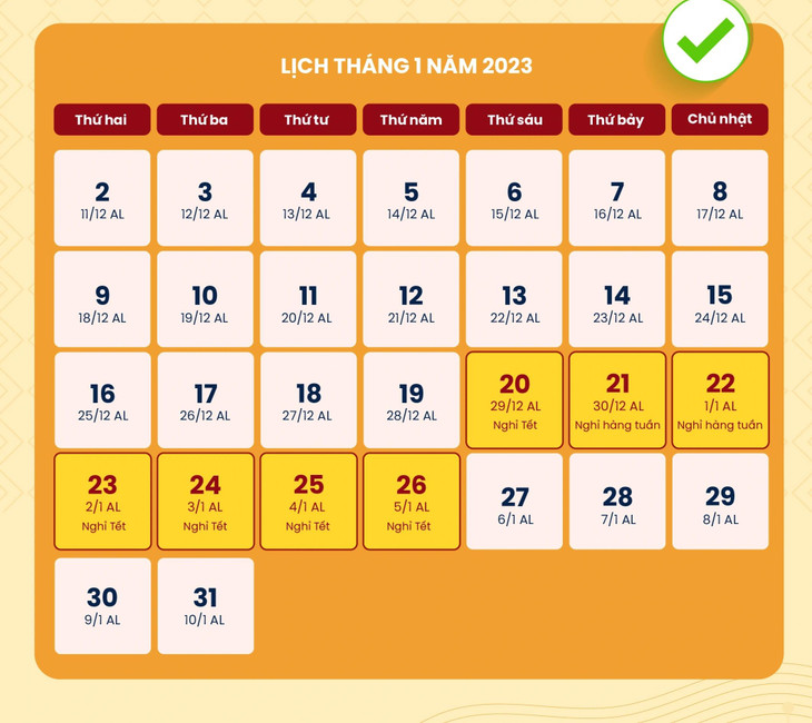 Phương án nghỉ Tết Nguyên đán năm 2023