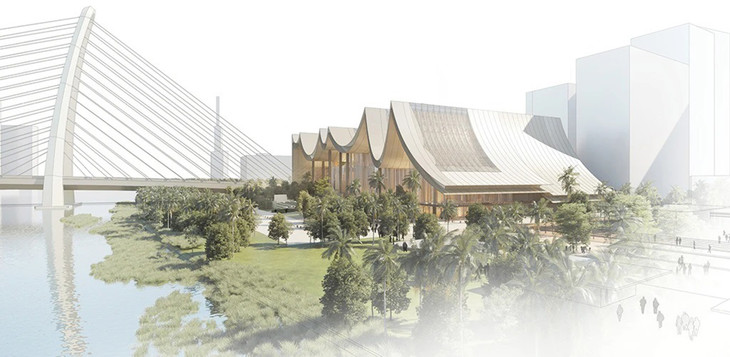 Vị trí Nhà hát Thủ Thiêm được xây tại góc cầu Ba Son (hướng từ Quận 1 qua Thủ Thiêm)