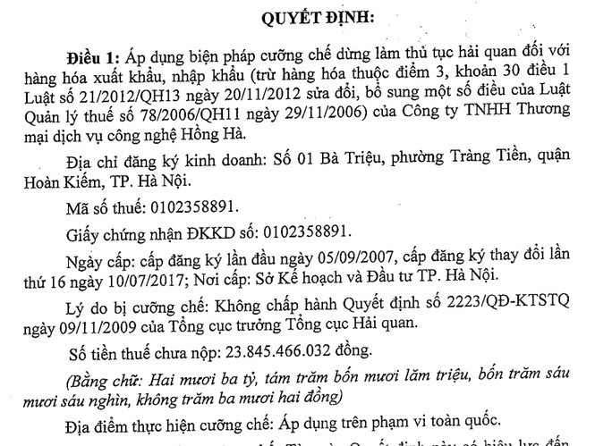 Quyết định của Tổng cục Hải quan về việc cưỡng chế dừng làm thủ tục hải quan đối với hàng hóa xuất nhập khẩu của Công ty TNHH Thương mại dịch vụ công nghệ Hồng Hà